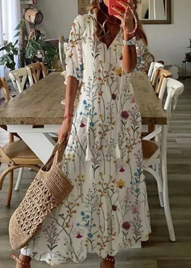 Kasey Summer Dress Woman – Long Light Dress with Floral Print, Waist Belt & Mid-length Sleeves