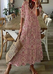 Kasey Summer Dress Woman – Long Light Dress with Floral Print, Waist Belt & Mid-length Sleeves