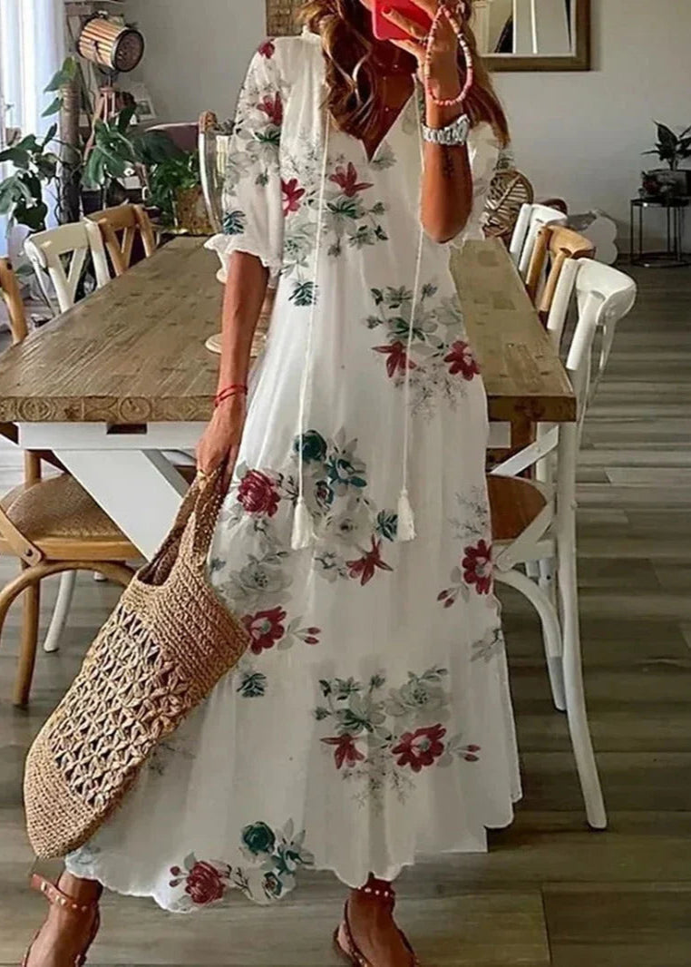 Kasey Summer Dress Woman – Long Light Dress with Floral Print, Waist Belt & Mid-length Sleeves