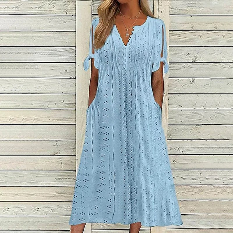 Mariah Robe Midi Summer Woman – Elegant Dress with V-Neck in Lightweight Broderie Anglaise
