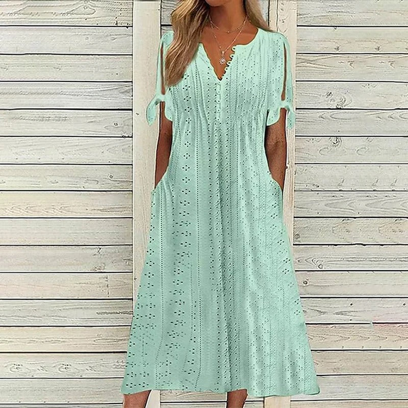 Mariah Robe Midi Summer Woman – Elegant Dress with V-Neck in Lightweight Broderie Anglaise