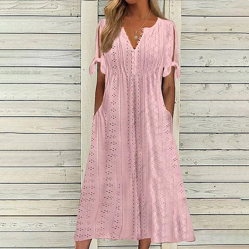 Mariah Robe Midi Summer Woman – Elegant Dress with V-Neck in Lightweight Broderie Anglaise