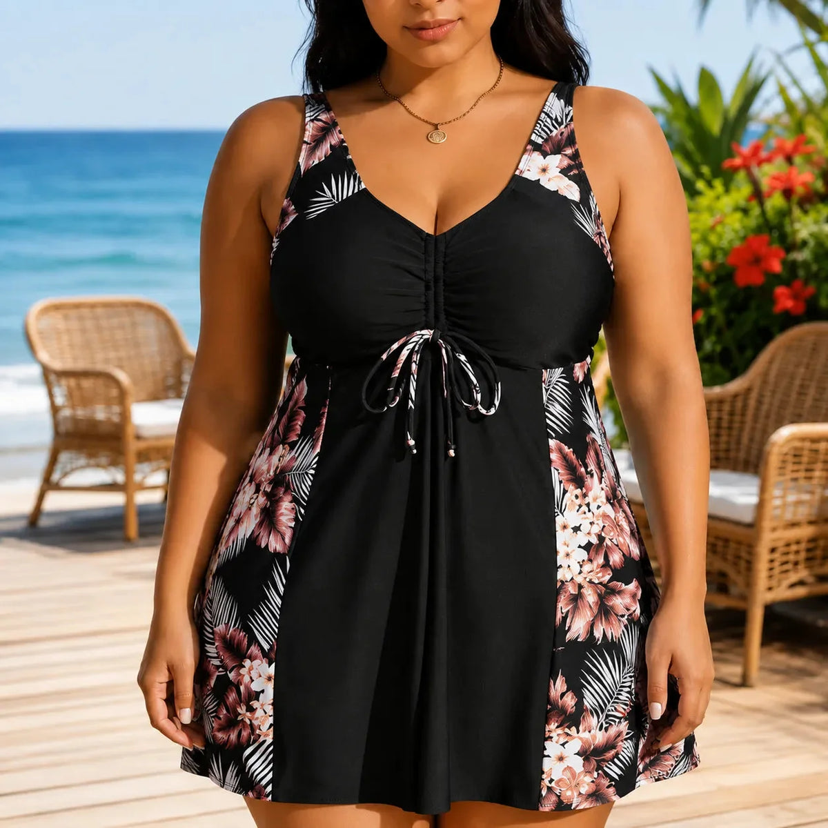 Solmara – Plus Size Printed Swimdress with Built-in Shorts, V-Neck Tie-Front