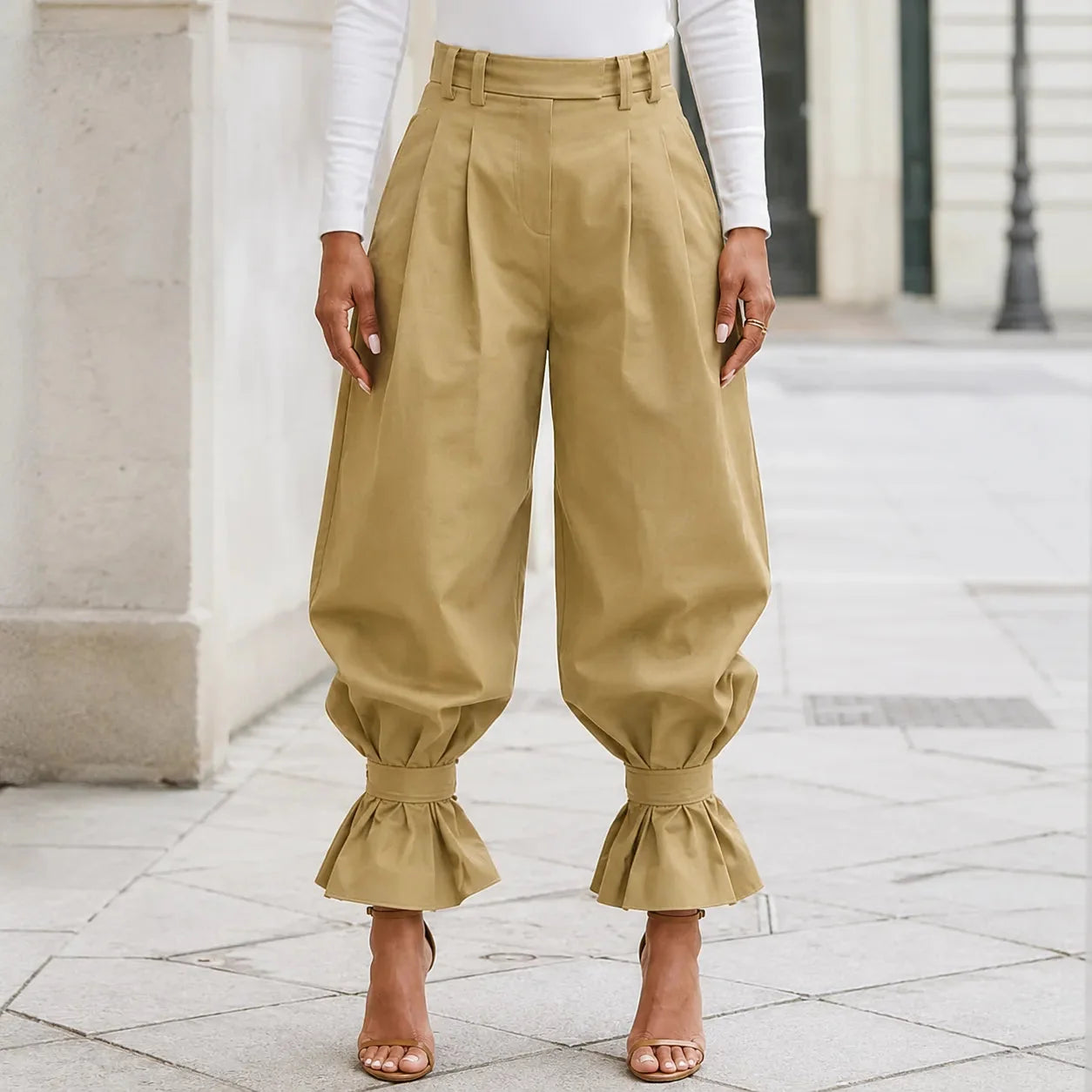 Verona – High Waist Pleated Lantern Pants with Ruffled Cuff