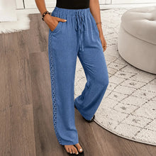 Marella – Wide Leg Boho Pants with Lace-like Side Trim and Drawstring Waist