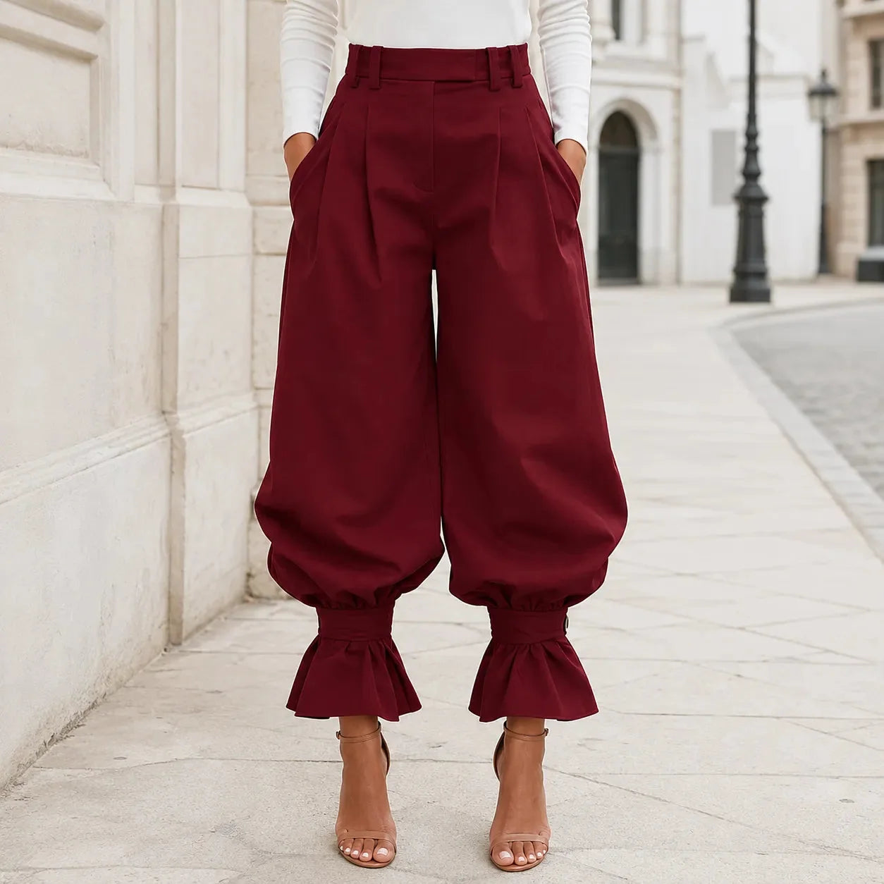 Verona – High Waist Pleated Lantern Pants with Ruffled Cuff