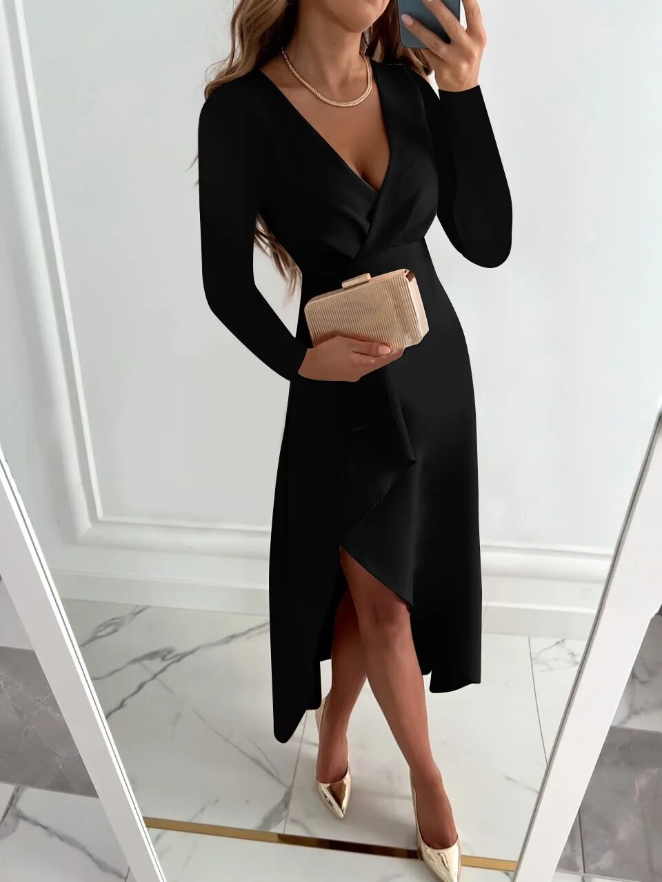 Tessa Elegant Dress Woman – Long Sleeve Dress with V Neck & Chic and Comfortable Cut