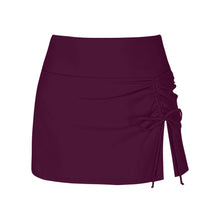 Burgundy women's swimwear shorts with a wide waistband, drawstring, and ruched side slit detail.