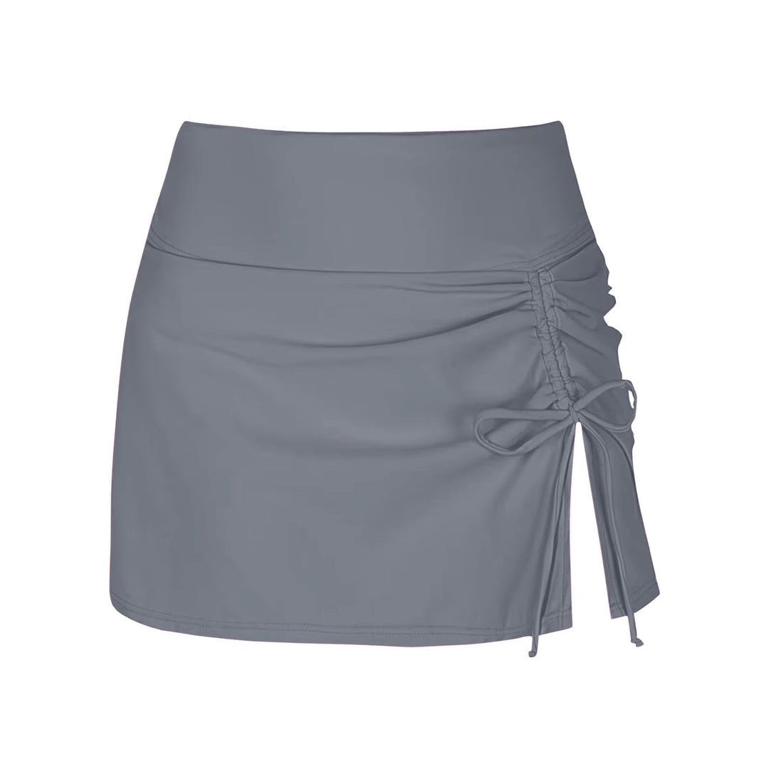 Gray polyester blend swim shorts featuring a wide waistband, drawstring tie, and a ruched side slit for added flair.